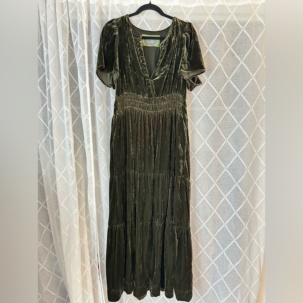 Anthropologie Velvet Maxi Dress in Deep Olive